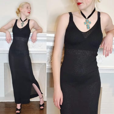 90s Black Knit Evening Dress with Spaghetti Straps - Minimalist Elegance - S 