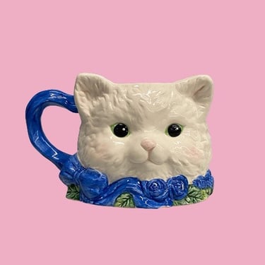 Vintage Cat Mug Retro 1970s Avon + White Persian + Ceramic + Blue and Green Flowers + Coffee or Tea + Kitty + Kitchen Decor + Drinking 