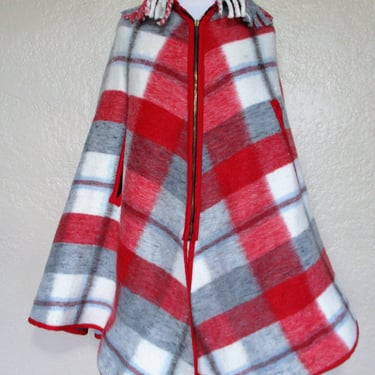 Vintage 60s Reversible Blanket Cape, One Size Women, multicolor plaid wool blend, fringe trim 