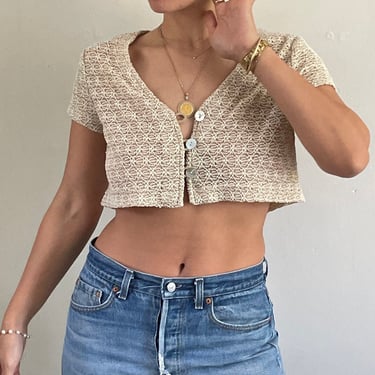 90s crochet cropped blouse / vintage oatmeal semi sheer crochet button front short sleeve cropped top blouse cardigan | Medium 