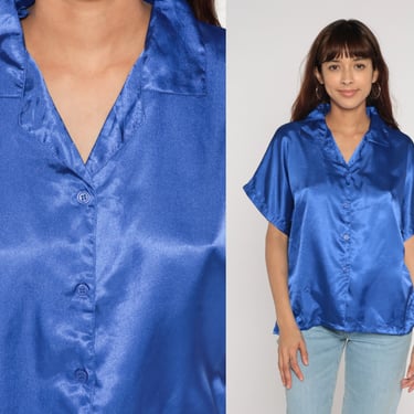Blue Satin Blouse Y2k Shiny Button Up Shirt Retro Plain Simple Short Sleeve Top Preppy Basic Button Down Minimalist Chic Vintage 00s Large L 