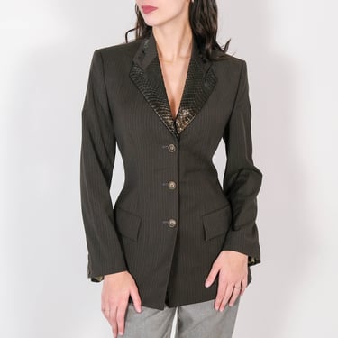 Vintage 90s Richard Tyler Couture Black & Brown Striped Blazer w/ Genuine Snakeskin Lapel | Made in USA | 1990s Designer Silk Lined Jacket 