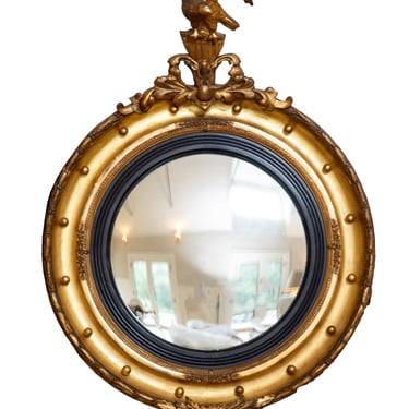 Antique American Gilt Wood Convex Mirror with Perched Eagle, c. late 1800s