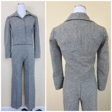 1970s Vintage Tweed Marled Wool Suit / 70s Rainbow Dot Cropped Jacket and High Waisted Pants / Size XS 