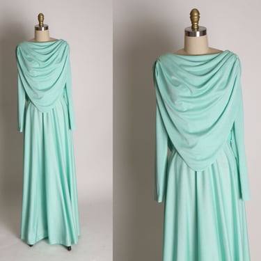 1970s Seafoam Green Blue Long Sleeve Cowl Draped Neck and Back Formal Full Length Dress -M 