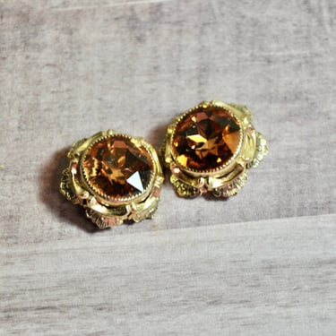 Gorgeous c1950 LARGE Topaz Amber Facet Cut Glass Clip on Earrings Elegant Gold Tone Setting Signed Whiting And Davis Co Gift for Her RARE 