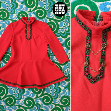 CHILD SIZE - Vintage 60s 70s Red Bavarian Vibe Polyester Dress 