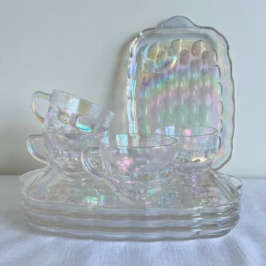 Midcentury Iridescent Glass 8-Piece Snack Set, Vintage 1950s Federal Glass Serva-Snack Party Plates and Teacups 