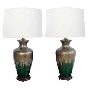 Large Pair Vintage Textured Iridescent Glazed Lamps with Emerald Green Striation