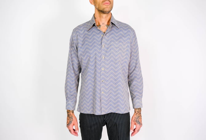 Vintage 70s CHRISTIAN DIOR CD Monogram Zig Zag Stripe Long Sleeve Button Up Shirt | 100% Polyester | 1970s Dior Designer Tailored Mens Shirt 