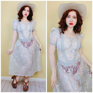 1990s Vintage Ice Grey Lace Drop Waist Dress / 90s Antique Romantic Sheer Puffed Sleeve Edwardian Dress / Small 