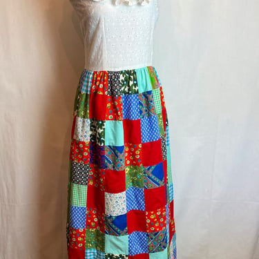 Vintage long maxi dress Boho hippie girl colorful checker patchwork skirt white eyelet with big sleeveless ruffle ~size large 