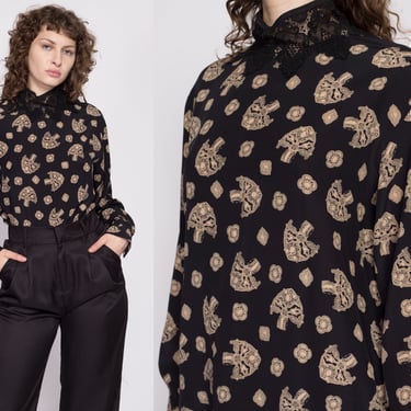 Vintage Silk Lace Collar Blouse - Large | Y2K Italian Abstract Baroque Print Long Sleeve Secretary Top 
