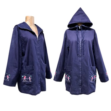 Rare Vintage 1960s Grenfell Handicrafts Hand Embroidered Parka, 60s Blue Zip Front All Weather Jacket, Made in Newfoundland, 42