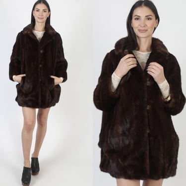 Womens Fur Back Collar Mink Coat, Vintage Mahogany Brown Jacket, Button Up Real Princess Overcoat 