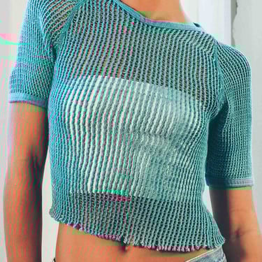 1970s Teal Czech Military Mesh Cropped Tee