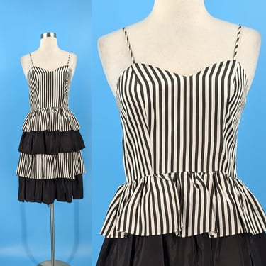 Vintage 80s Black and White Striped Spaghetti Strap Ruffled Tiered XS Dress 