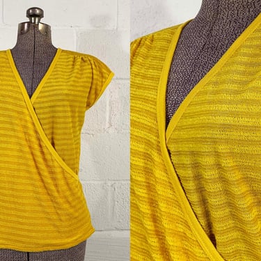 Vintage Mustard Yellow Wrap Top Mod 1970s 70s Short Sleeve Shirt Blouse Ribbed Knit Helen Sue Small Medium 