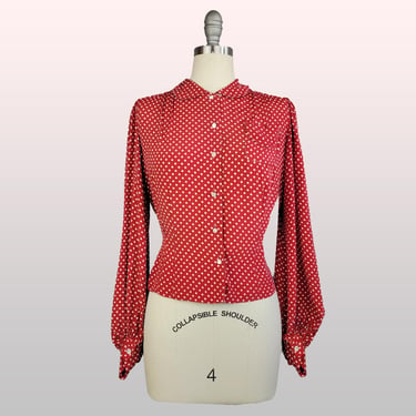 1930s Blouse / Polka Dot Blouse / Red Polka Dot Blouse / 1930s Silk Crepe Blouse / Size Large 