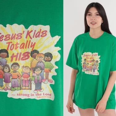 Christian T-Shirt 90s Jesus' Kids Totally His Shirt Jesus Strong in the Lord Graphic Tee Religious Top Single Stitch Green Vintage 1990s XL 