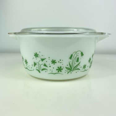 Vintage Pyrex Brides 474 Round Casserole w/Lid, 1961 Promotional Dish, gift for new brides, White casserole gay green decor, Old pyrex Dish 