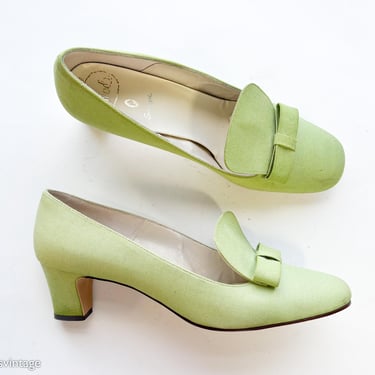 1960s Lime Green Low Heels | 60s Green Linen Heels | Gaymode | 8 B 