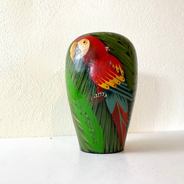 Vintage Colorful Hand Painted Folk Art Wood Vase 