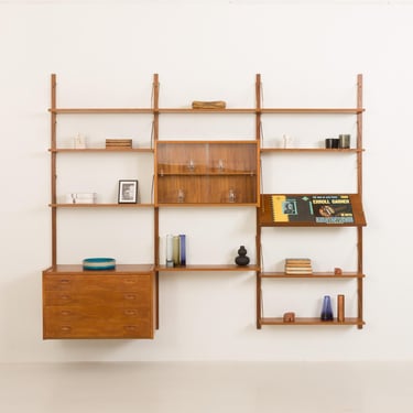 Danish mid century PS system three bay teak wall unit, Denmark 1960s 