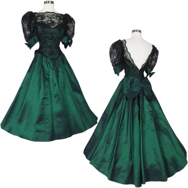 Vintage 80s Green Taffeta Black Lace Hi Lo Puff Sleeves Full Skirt Bows Prom Party Dress XXS XS Extra Extra Small Costume Bridesmaid Gown 