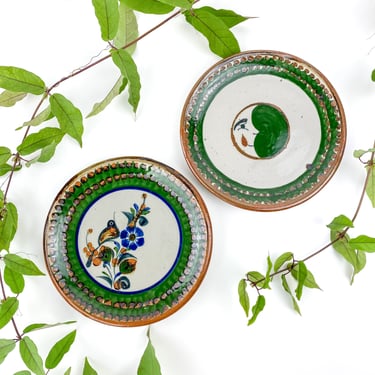 Vintage Handmade Tonala Pottery Plates | Moon, Bird & Floral Motif | Mexican Pottery 