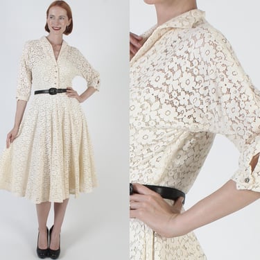 Lilli Diamond 50s Pin Up Dress, Cream Lace Illusion Style Vintage MCM Cocktail Party Gown Minimalist Side Zipper Dress 