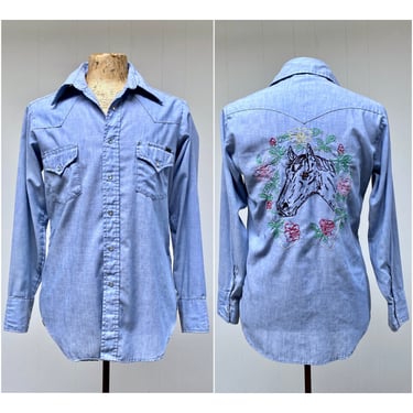Vintage 1970s Blue Chambray Western Wear Shirt with Custom Horse Embroidery, 70s Sears Cotton-Poly Pearl Snap Rockabilly Shirt, Medium 