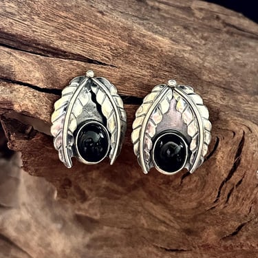 ALICE MC SHIRLEY Navajo Sterling Silver & Onyx Leaf Earrings | Native American Southwestern Jewelry | Statement Stud Earrings 