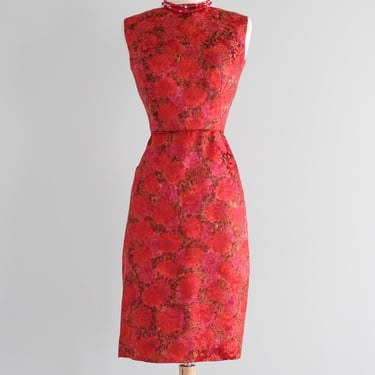 Fabulous 1960's Red Hot Brocade Wiggle Dress / Sz XXS