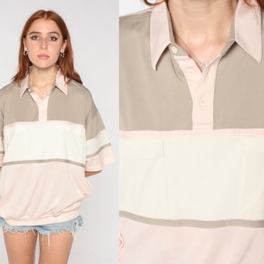Color Block Shirt 80s 90s Baby Pink Taupe Polo Shirt Slouchy Shirt Short Sleeve 90s Vintage Collared Shirt White Striped Large L 