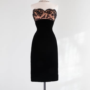 Glamorous 1950's Black Velvet &amp; Illusion Lace Cocktail Dress By Don Loper / Small