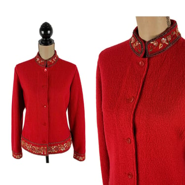 Red Boiled Wool Jacket Large, Dressy Warm Beaded Embroidered Mandarin Collar, Winter Clothes Women, Vintage Clothing 90s Y2K from Talbots 