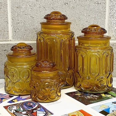 Vintage Canister Set Retro 1960s Mid Century Modern + LE Smith Moon and Stars + Amber Glass + Set of 4 + Ornate + Kitchen Storage and Decor 