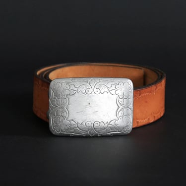 Tooled leather belt | Vintage 70s Pewter belt buckle tooled leather belt 