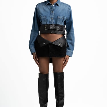 IRO X SMV DENIM LEATHER CROP SHIRT