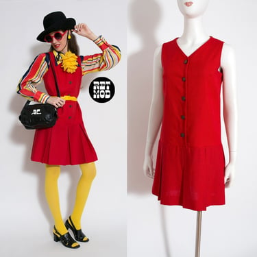 Quintessential Mod Vintage 60s 70s Red Linen Style Jumper Dress 
