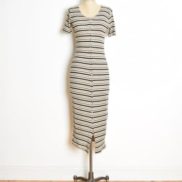 vintage 90s dress beige striped ribbed stretch buttons long maxi dress grunge XS clothing 