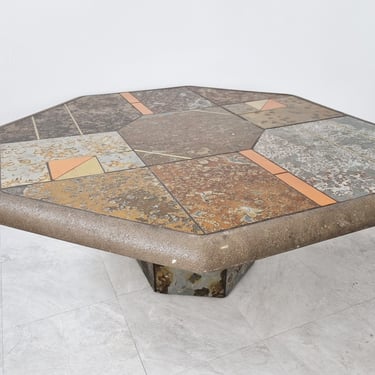 Brutalist slate coffee table, 1970s - brutalist coffee table - slate coffee table - metal and stone table - kingma coffee table 