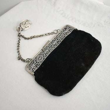 Victorian/Edwardian Black Velvet Purse with Mercury Belt Clip 