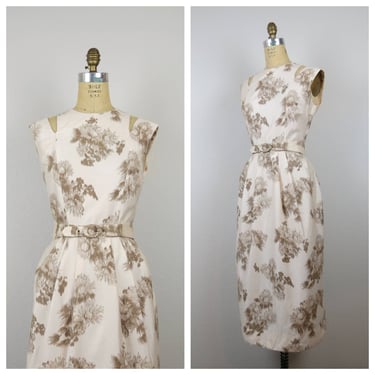 Vintage 1950s wiggle dress, cotton floral, cutouts, toile, pencil, party, semi formal 