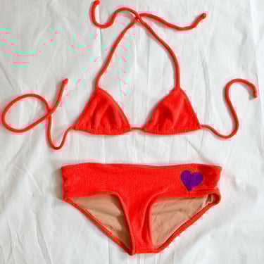 Early 1970s Hot Orange Terry Cloth Heart Bikini 