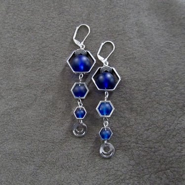 Long royal blue frosted glass and silver hexagon earrings 