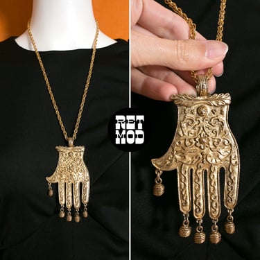 Mystical Vintage 70s Gold Hand Pendant Necklace 