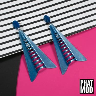 HUGE & ICONIC Vintage 80s Blue Metallic Geometric Triangle Drop Earrings 