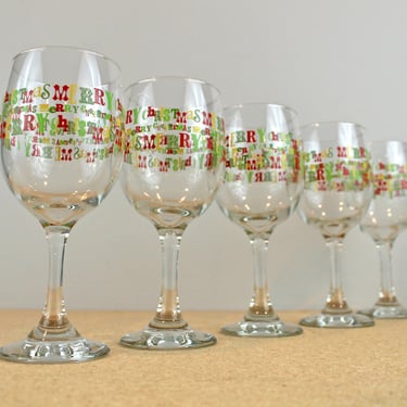 Retro "Merry Christmas" Wine Glasses, Set of 5 Stemmed Glasses with Red Green Yellow Holiday Pattern 